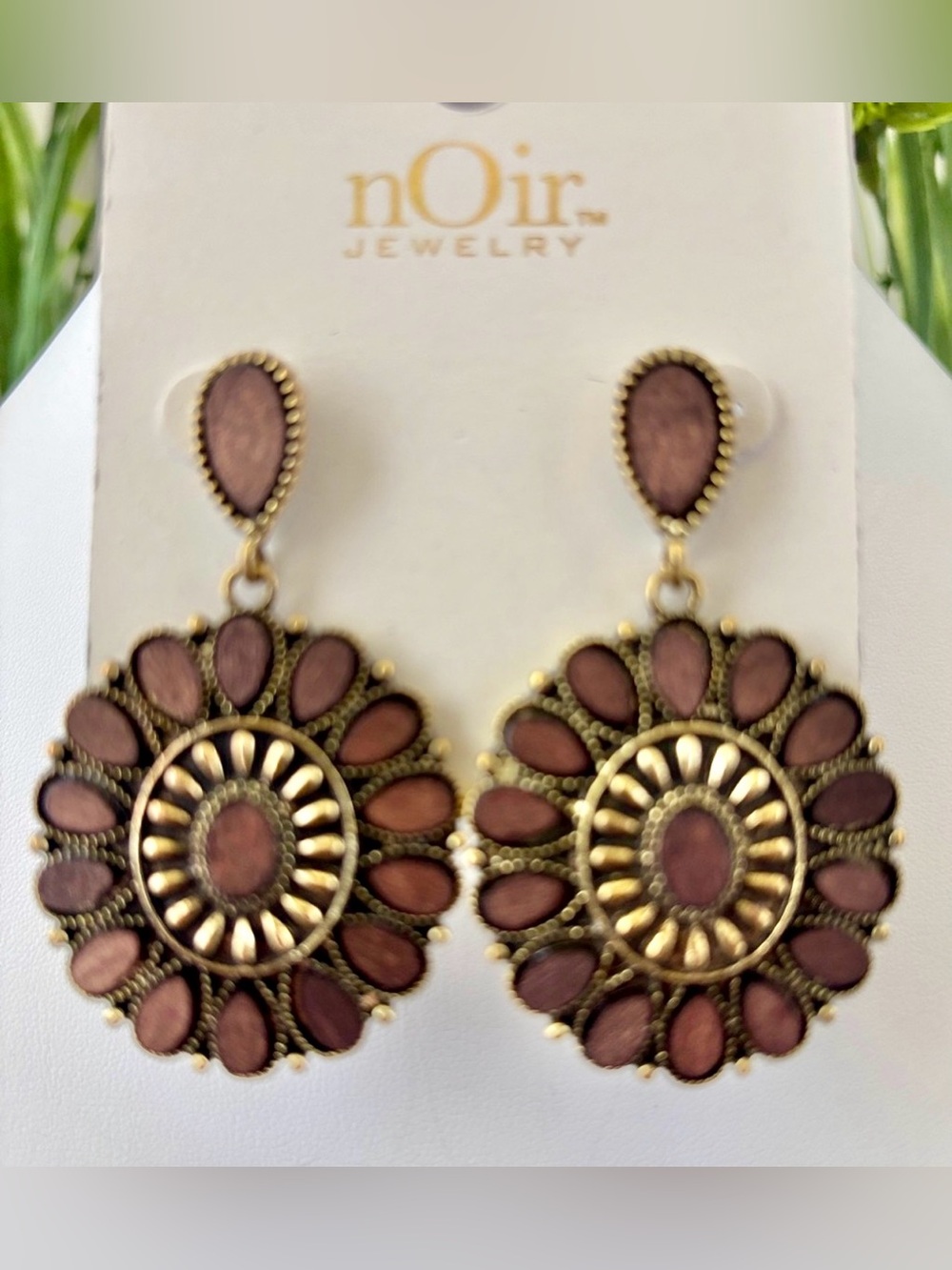 Noir Jewelry Teardrop floral pattern disc,antique gold frame,earthy,elegant post